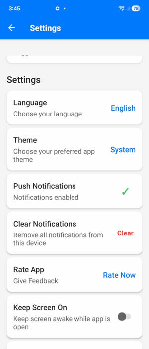 Push notification settings interface